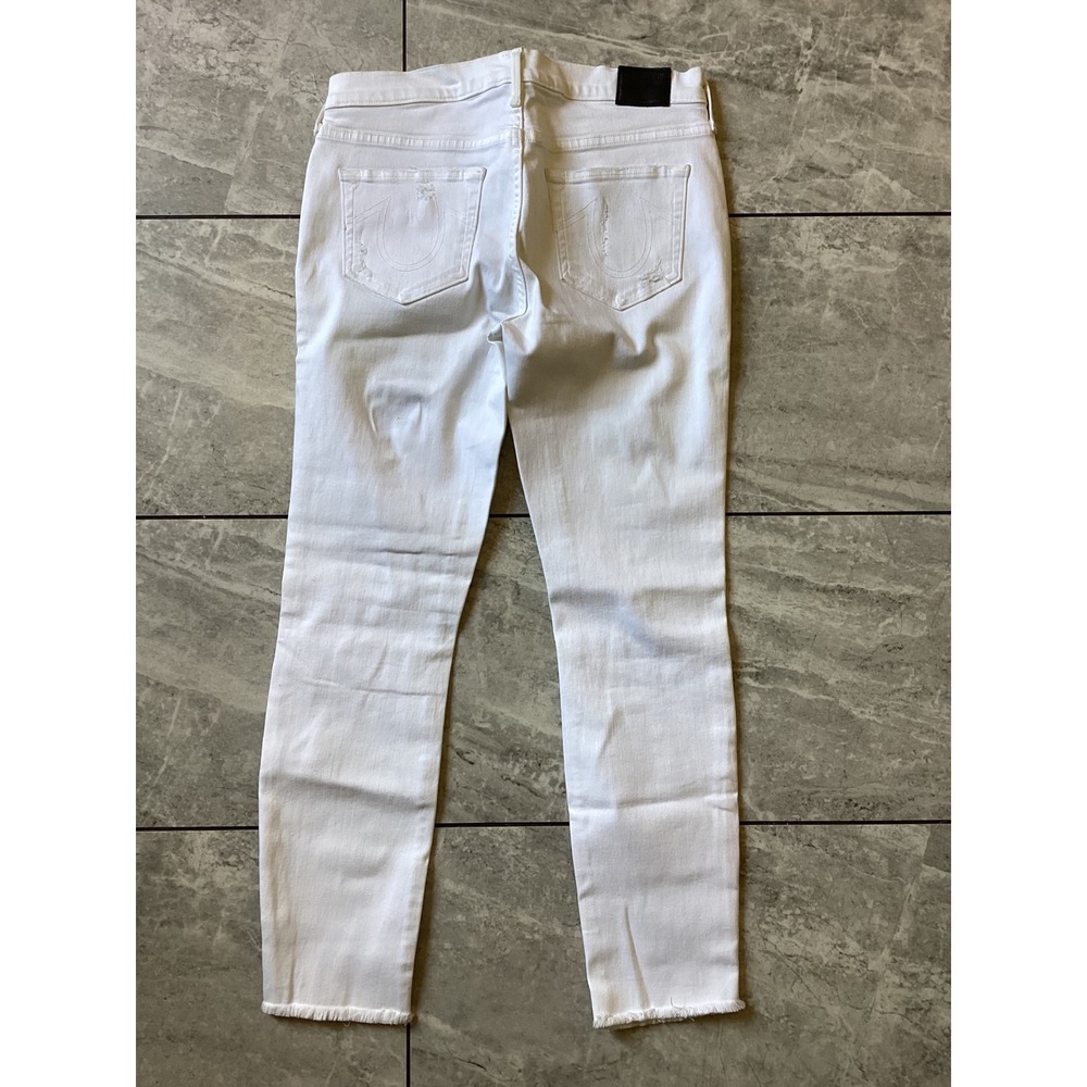 True Religion Cora Mid Rise Straight Distressed White Jeans Womens 28 Raw Hem